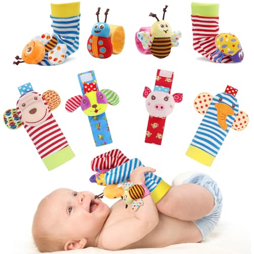 Bloobloomax Soft Baby Rattle Wrist Rattle Foot Finder Socks Set,Cotton and Plush Stuffed Infant Toys,Birthday Holiday Birth Present Gift for Newborn Boy Girl Kids Toddler (8pcs-B Set) - Image 1