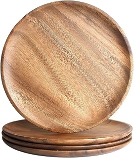 IQCWOOD Wooden Dinner Plates, 11 Inch Round Wood Dinner Plates Set of 4, Acacia Wooden Plates Round Tray Serving - Image 1