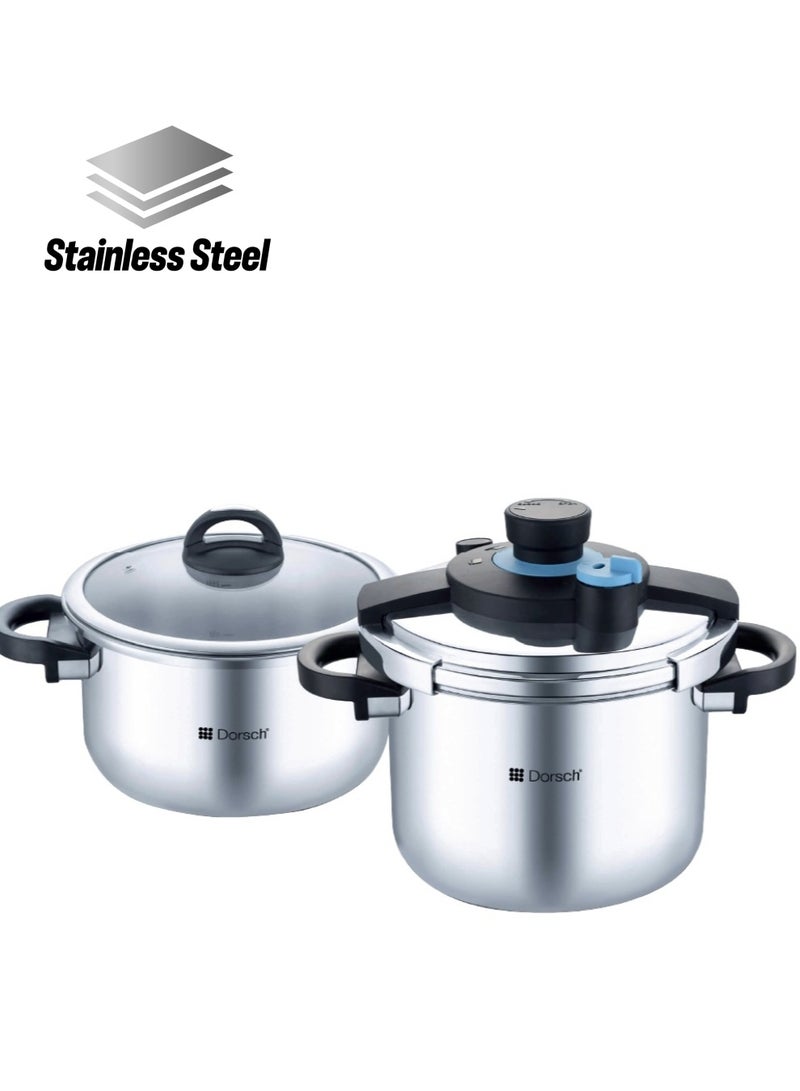 Dorsch 6 Ltr + 8 LtrLiters Danish Design GoPress 18/10 Stainless Steel Pressure Cooker - Induction Compatible, PTFE Free, Dishwasher Safe, Self-Locking Handle, Auto-Pressure Release, Versatile Steamer Basket, Quick Heating, Low & High Pressure Cooking (6 Ltr + 8 Ltr) Silver - Image 1