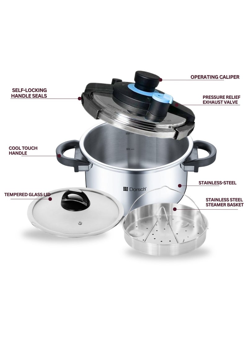 Dorsch 6 Ltr + 8 LtrLiters Danish Design GoPress 18/10 Stainless Steel Pressure Cooker - Induction Compatible, PTFE Free, Dishwasher Safe, Self-Locking Handle, Auto-Pressure Release, Versatile Steamer Basket, Quick Heating, Low & High Pressure Cooking (6 Ltr + 8 Ltr) Silver - Image 2