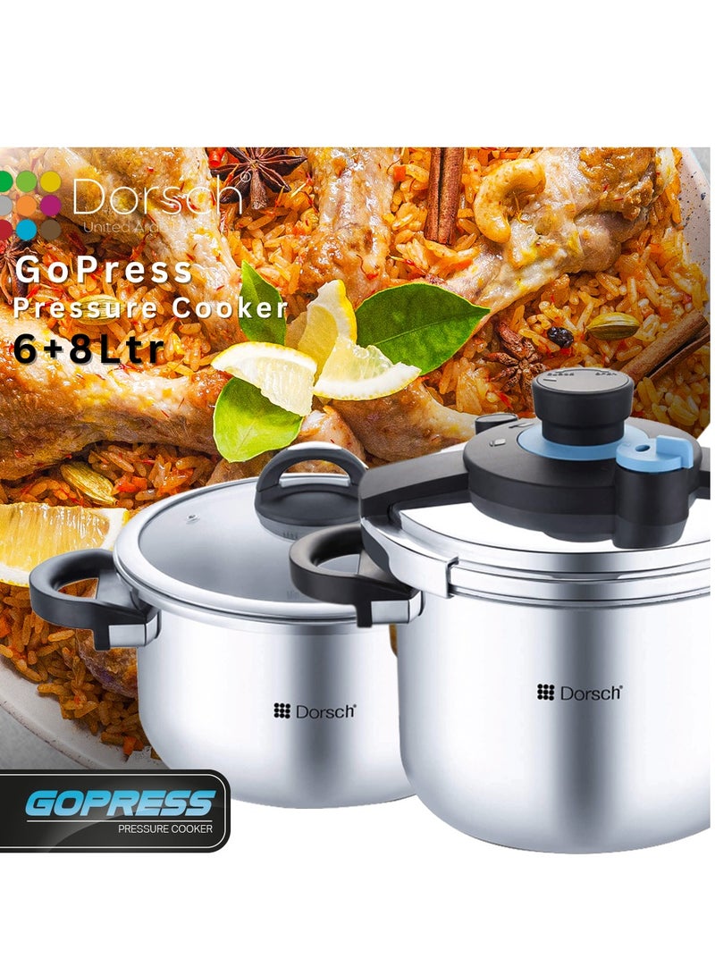 Dorsch 6 Ltr + 8 LtrLiters Danish Design GoPress 18/10 Stainless Steel Pressure Cooker - Induction Compatible, PTFE Free, Dishwasher Safe, Self-Locking Handle, Auto-Pressure Release, Versatile Steamer Basket, Quick Heating, Low & High Pressure Cooking (6 Ltr + 8 Ltr) Silver - Image 4
