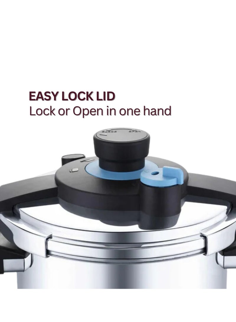 Dorsch 6 Ltr + 8 LtrLiters Danish Design GoPress 18/10 Stainless Steel Pressure Cooker - Induction Compatible, PTFE Free, Dishwasher Safe, Self-Locking Handle, Auto-Pressure Release, Versatile Steamer Basket, Quick Heating, Low & High Pressure Cooking (6 Ltr + 8 Ltr) Silver - Image 5