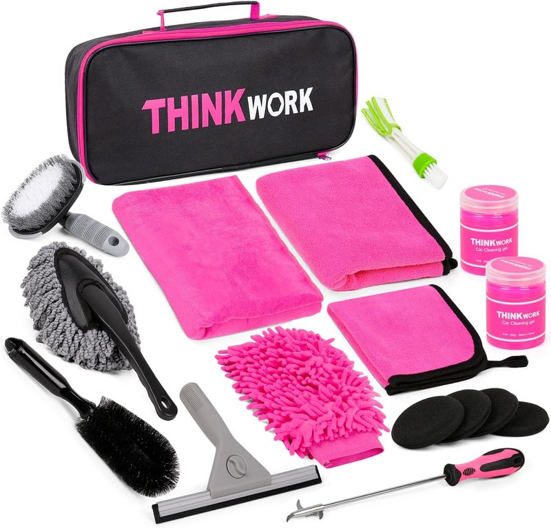 THINKWORK مجموعة تنظيف تفصيلية للسيارات باللون الوردي، مجموعة غسيل السيارات، إكسسوارات السيارات للنساء مناسبة للمركبات الصغيرة والمتوسطة مثل السيارات والشاحنات ��سيارات الدفع الرباعي (17 قطعة) - Image 1