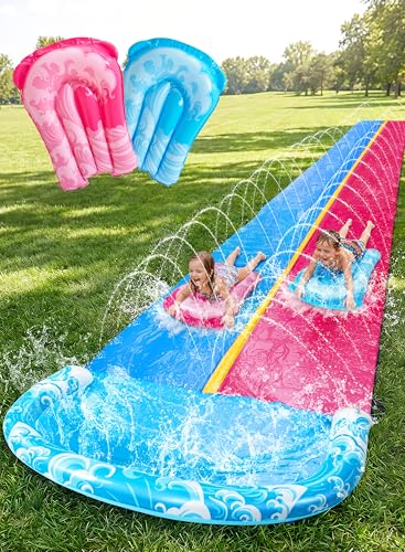 JOYIN 325FT Water Slide and 2 Inflatable Boards Extra Long Heavy Duty Double Lawn Waterslide with Sprinkler for Kids Adults Backyard Summer Water Toy Outdoor Fun Blue Pink - Image 1
