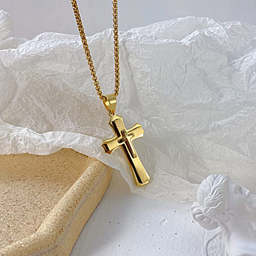 INSEA Classic Cross Necklace for Men Silver Black Gold Stainless Steel Christ Cross Crucifix Pendant Necklace Religious Jewelry Gift Box Chain 21.6 Inches (Gold) - Image 3