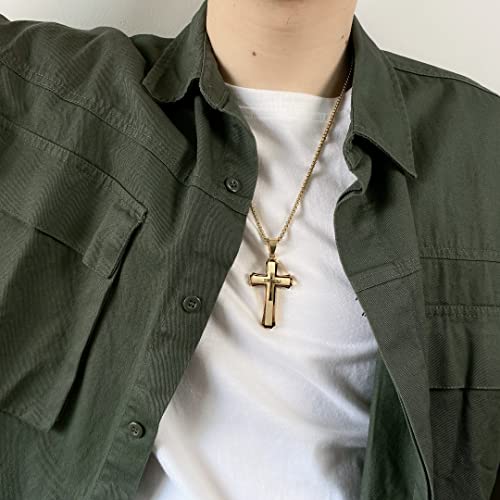 INSEA Classic Cross Necklace for Men Silver Black Gold Stainless Steel Christ Cross Crucifix Pendant Necklace Religious Jewelry Gift Box Chain 21.6 Inches (Gold) - Image 2