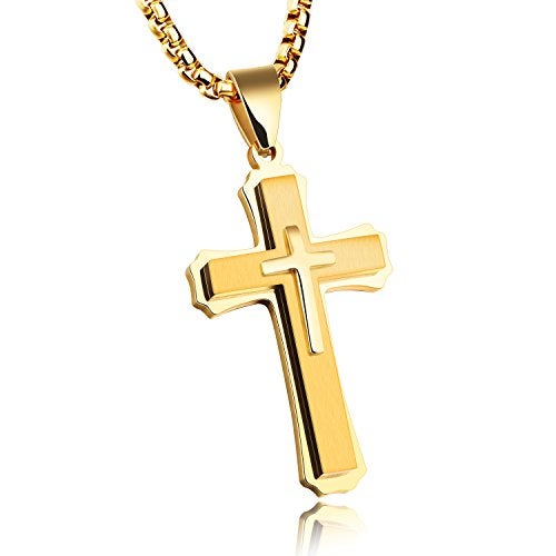 INSEA Classic Cross Necklace for Men Silver Black Gold Stainless Steel Christ Cross Crucifix Pendant Necklace Religious Jewelry Gift Box Chain 21.6 Inches (Gold) - Image 1