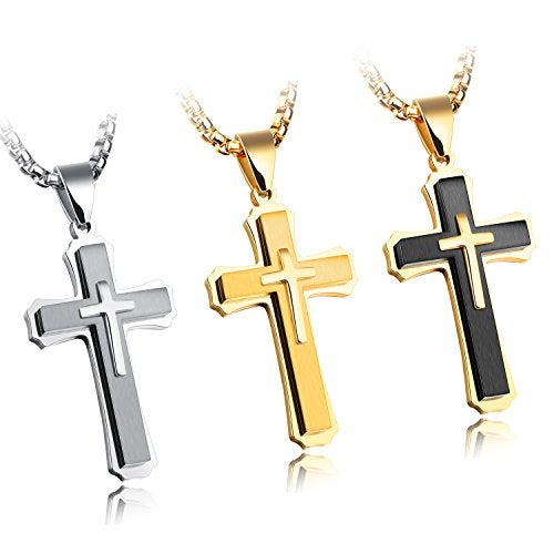 INSEA Classic Cross Necklace for Men Silver Black Gold Stainless Steel Christ Cross Crucifix Pendant Necklace Religious Jewelry Gift Box Chain 21.6 Inches (Gold) - Image 4