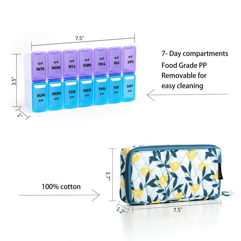 zumd Weekly Pill Organizer 2 Times a Day,7 Day am pm Pill Organizer, Large Daily Pill Cases Pill Box Vitamin Organizer Box,Yellow Floral - Image 3