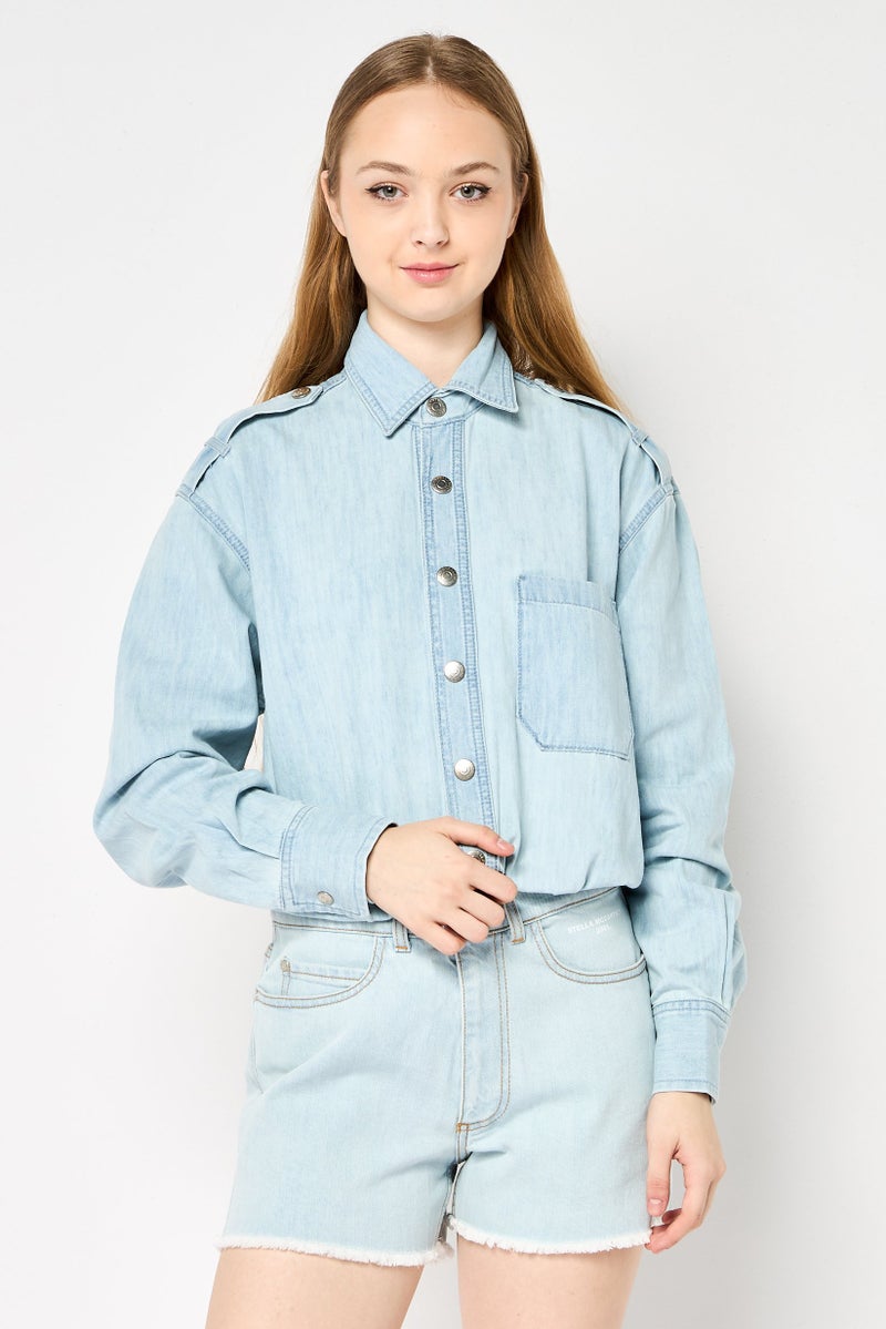 STELLA MCCARTNEY Women Washed Long Sleeve Denim Jumpsuit, Light Blue - Image 1
