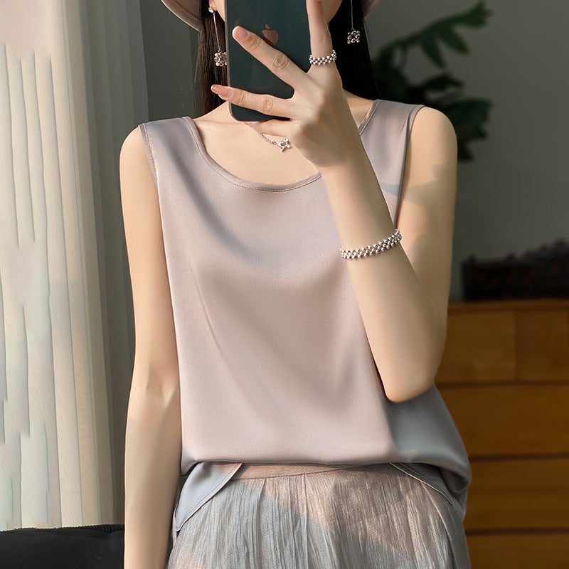 Women's Satin Camisole Top Short Round Neck Sleeveless 2025 New - Image 1