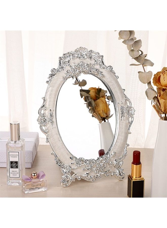 Small Tabletop Dressing Mirror Vintage Metal Desktop Mirror with Stand, Antique Embossed Roses Countertop Makeup Mirror Retro Oval Cosmetic Decorative Mirrors for Table Centerpieces