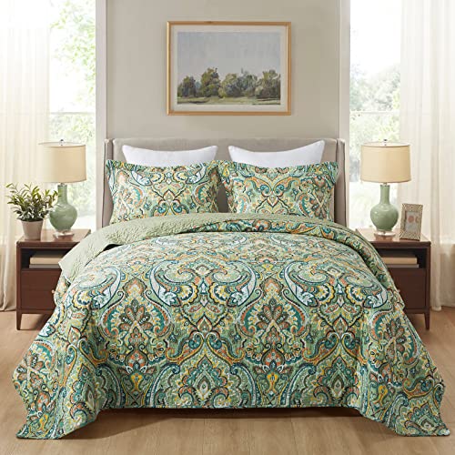 NEWLAKE Cotton Bedspread Quilt Sets-Reversible Patchwork Coverlet Set, European Green Floral Pattern, King Size - Image 1