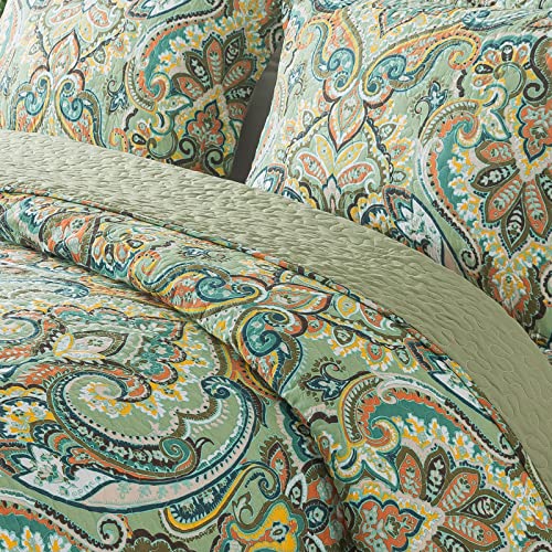 NEWLAKE Cotton Bedspread Quilt Sets-Reversible Patchwork Coverlet Set, European Green Floral Pattern, King Size - Image 3