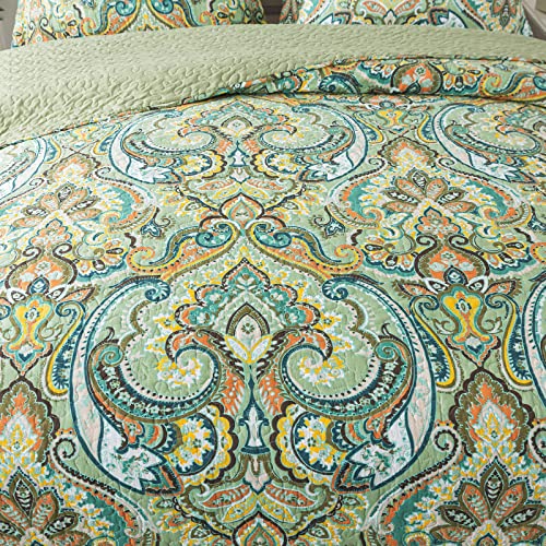 NEWLAKE Cotton Bedspread Quilt Sets-Reversible Patchwork Coverlet Set, European Green Floral Pattern, King Size - Image 4