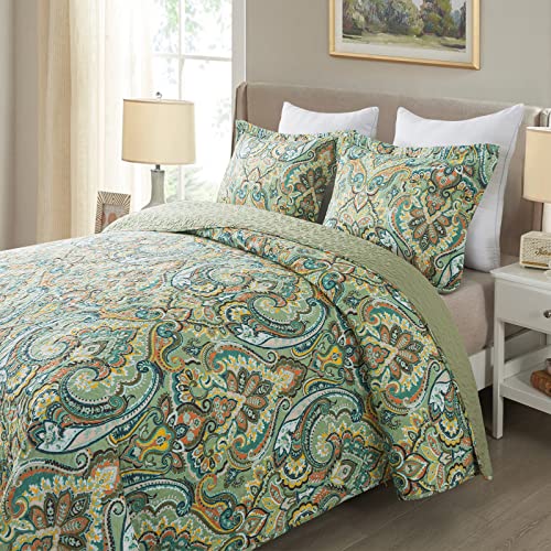NEWLAKE Cotton Bedspread Quilt Sets-Reversible Patchwork Coverlet Set, European Green Floral Pattern, King Size - Image 2