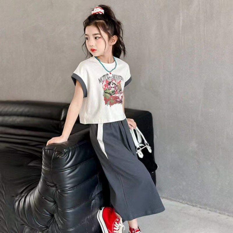 Girls Suit Skirt Summer Dress Large Childrens Short-sleeved Short Top Mid-length Skirt Student College Style Two-piece Suit graphite ash 