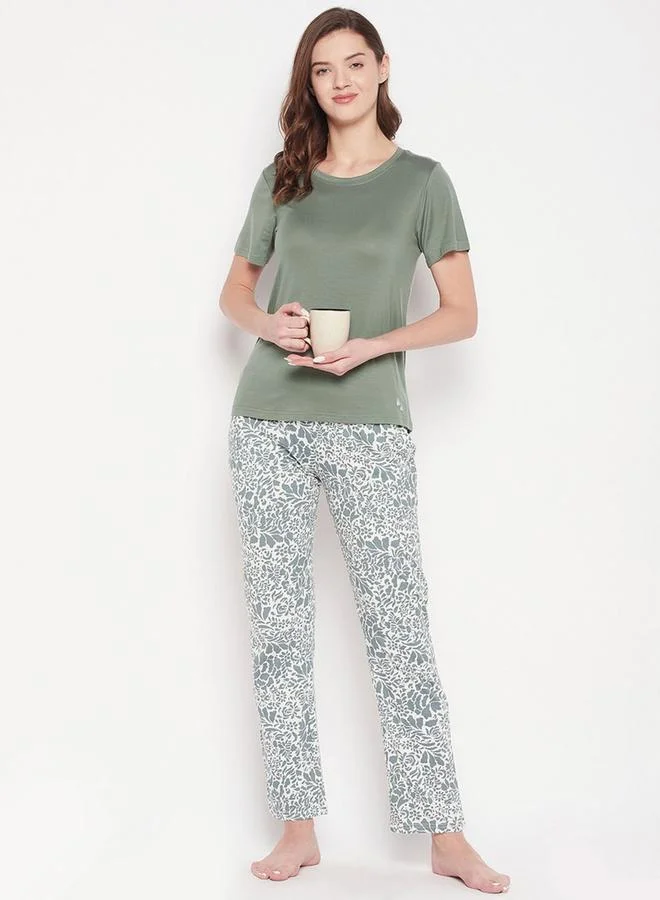 Take Two Solid Cotton T-Shirt and Printed Pyjama Set By Lazzycat