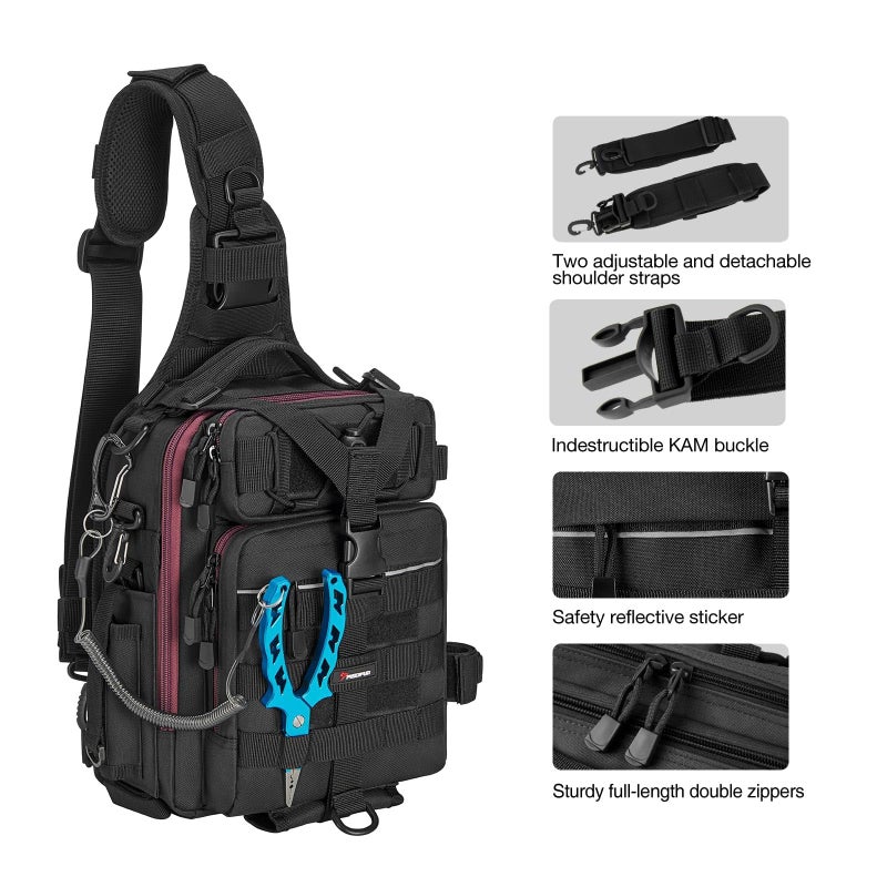 Piscifun Fishing Tackle Bag with Rod & Gear Holder, Lightweight Sling Bag Storge Gear and Equipment, Black - Image 3