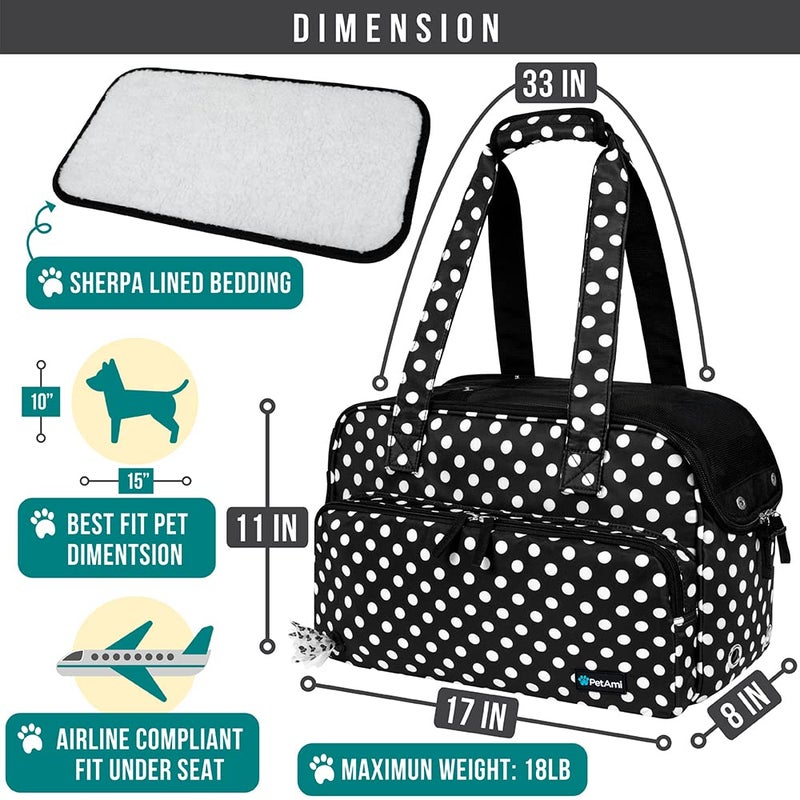 PetAmi Small Dog Purse Carrier, Soft-Sided Pet Carrier Bag with Pockets, Portable Puppy Cat Travel Handbag Tote, Airline Approved Breathable Mesh, Poop Bag Dispenser, Max 18 lbs, Polka Dot Black - Image 2