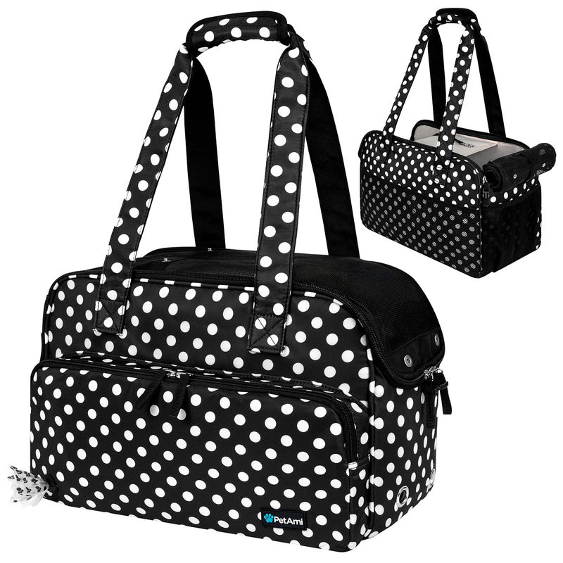 PetAmi Small Dog Purse Carrier, Soft-Sided Pet Carrier Bag with Pockets, Portable Puppy Cat Travel Handbag Tote, Airline Approved Breathable Mesh, Poop Bag Dispenser, Max 18 lbs, Polka Dot Black - Image 1