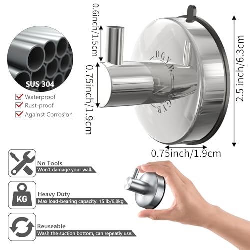 DGYB Suction Cup Hooks - 15LB Shower Hooks for Inside Shower, Stainless Steel No Drill Wall Hook Set of 2 Chrome Towel Hook for Bathrooms, Loofah, Robe - Image 4