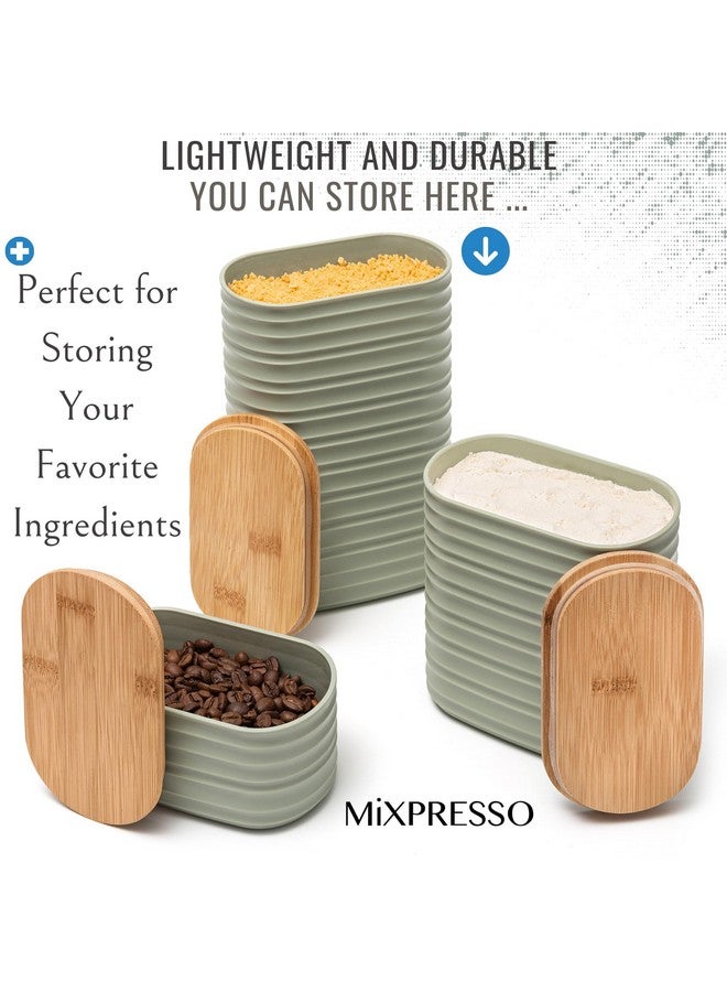 Mixpresso مجموعة علب زيتون خضراء من ميكسبرسو 3 قطع للمطبخ، علبة بلاستيكية محكمة الإغلاق مع غطاء من الخيزران، مجموعة علب القهوة والسكر، حاوية سكر زخرفية، ديكور مطبخ للكونتر - Image 3