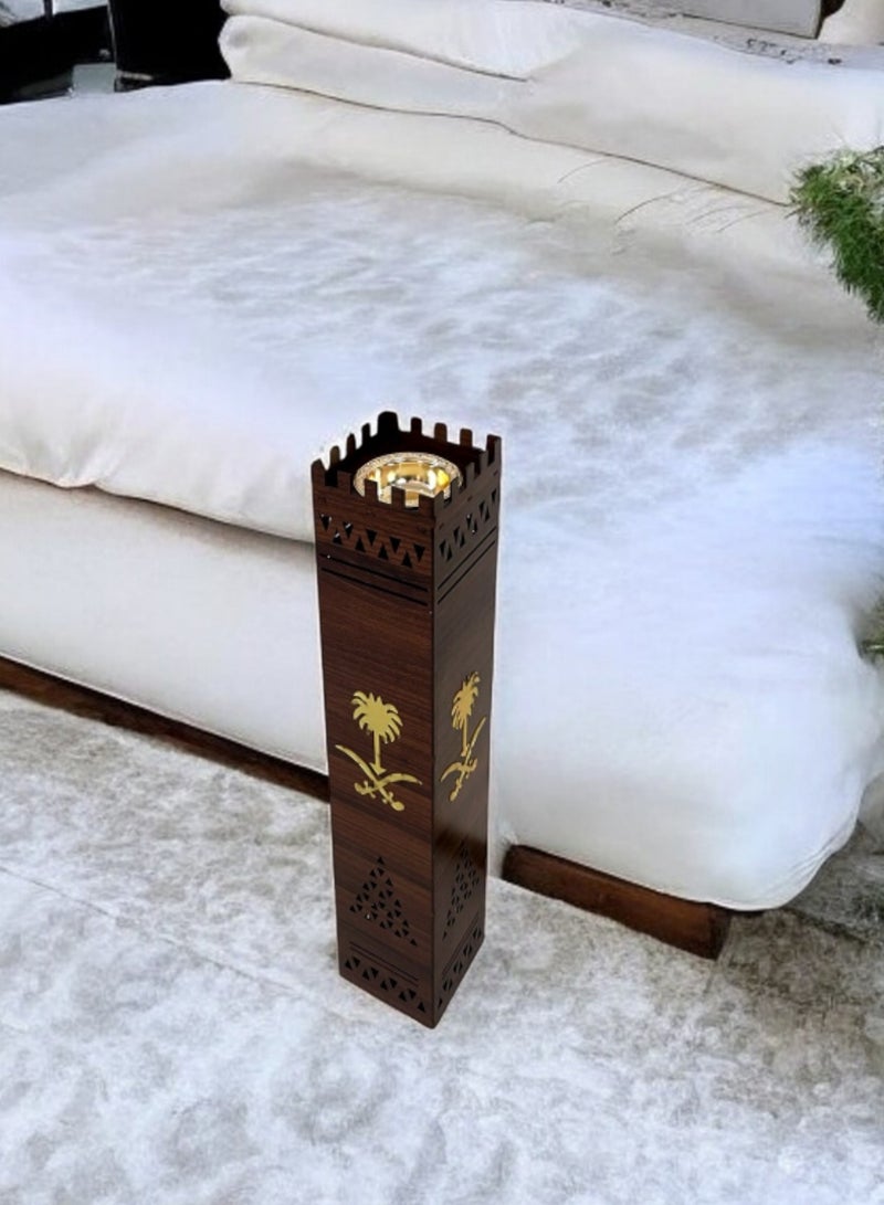 fan baytk Wooden incense burner decorated with Saudi heritage engravings with the logo of two swords and a palm tree made of golden acrylic - size 17.5 cm x 17.5 cm x 80 cm, is an integral part of Arab hospitality. It can be placed in men's or women's councils, or used on special occasions such as weddings and celebrations. - Image 3