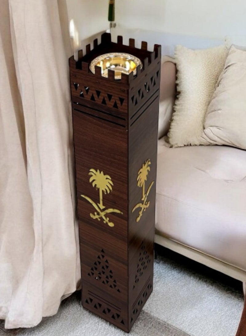 fan baytk Wooden incense burner decorated with Saudi heritage engravings with the logo of two swords and a palm tree made of golden acrylic - size 17.5 cm x 17.5 cm x 80 cm, is an integral part of Arab hospitality. It can be placed in men's or women's councils, or used on special occasions such as weddings and celebrations. - Image 1