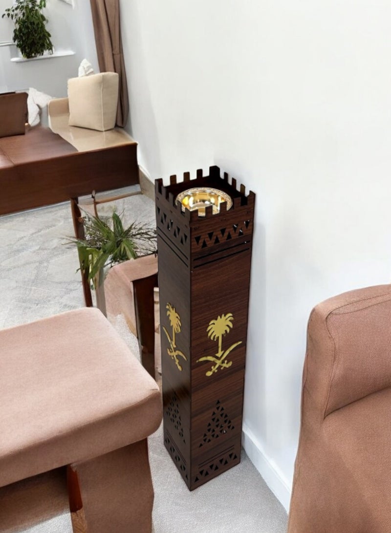 fan baytk Wooden incense burner decorated with Saudi heritage engravings with the logo of two swords and a palm tree made of golden acrylic - size 17.5 cm x 17.5 cm x 80 cm, is an integral part of Arab hospitality. It can be placed in men's or women's councils, or used on special occasions such as weddings and celebrations. - Image 2