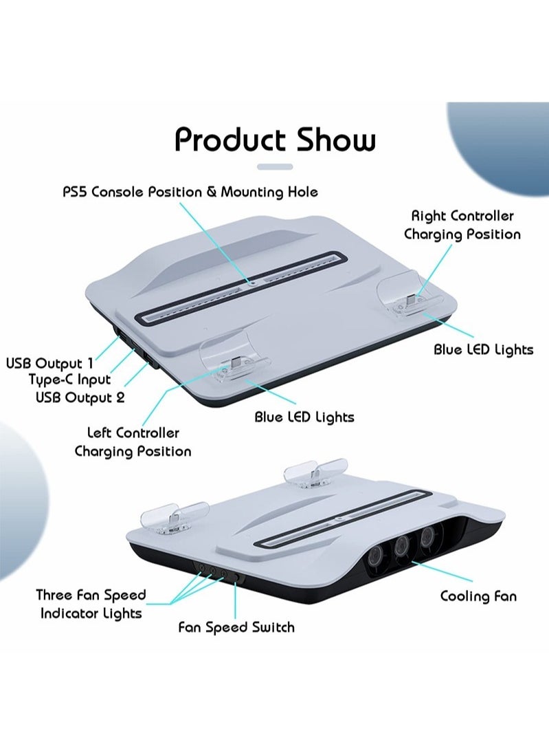 PS5 Stand and Cooling Station with Controller Charging Station for Playsation 5 Standard Disc Digital Console PS5 Accessories Charging Dock with 4 Speed Levels Cooling System