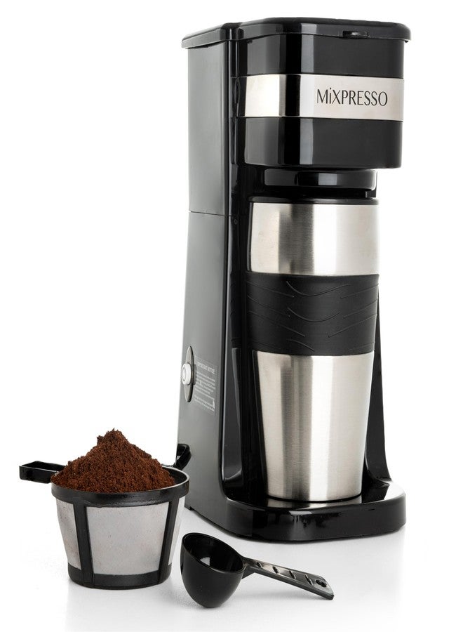 ماكينة تحضير القهوة الشخصية Mixpresso Black ذات الحصة الواحدة مع كوب سفر سعة 14 أونصة، ماكينة تحضير قهوة صغيرة بالتنقيط مع إيقاف تشغيل تلقائي، فلتر قابل لإعادة الاستخدام، تعمل مع القهوة المطحونة فقط - غير مخصصة لكبسولات K-Cup - Image 1