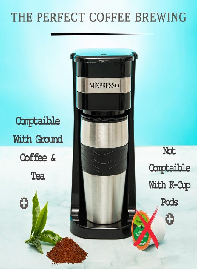 ماكينة تحضير القهوة الشخصية Mixpresso Black ذات الحصة الواحدة مع كوب سفر سعة 14 أونصة، ماكينة تحضير قهوة صغيرة بالتنقيط مع إيقاف تشغيل تلقائي، فلتر قابل لإعادة الاستخدام، تعمل مع القهوة المطحونة فقط - غير مخصصة لكبسولات K-Cup - Image 4