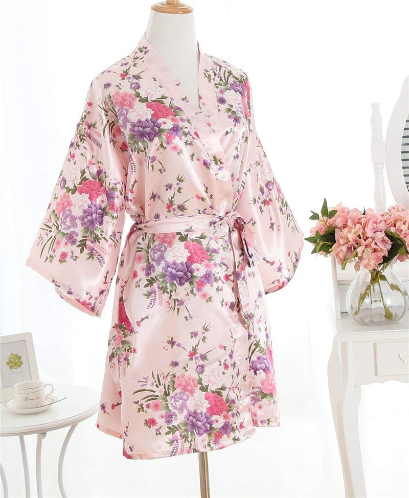 V Vaborous Women's Floral Satin Robes Short Bridesmaid Robes Silk Sleepwear,Floral Pink,S/M - Image 4