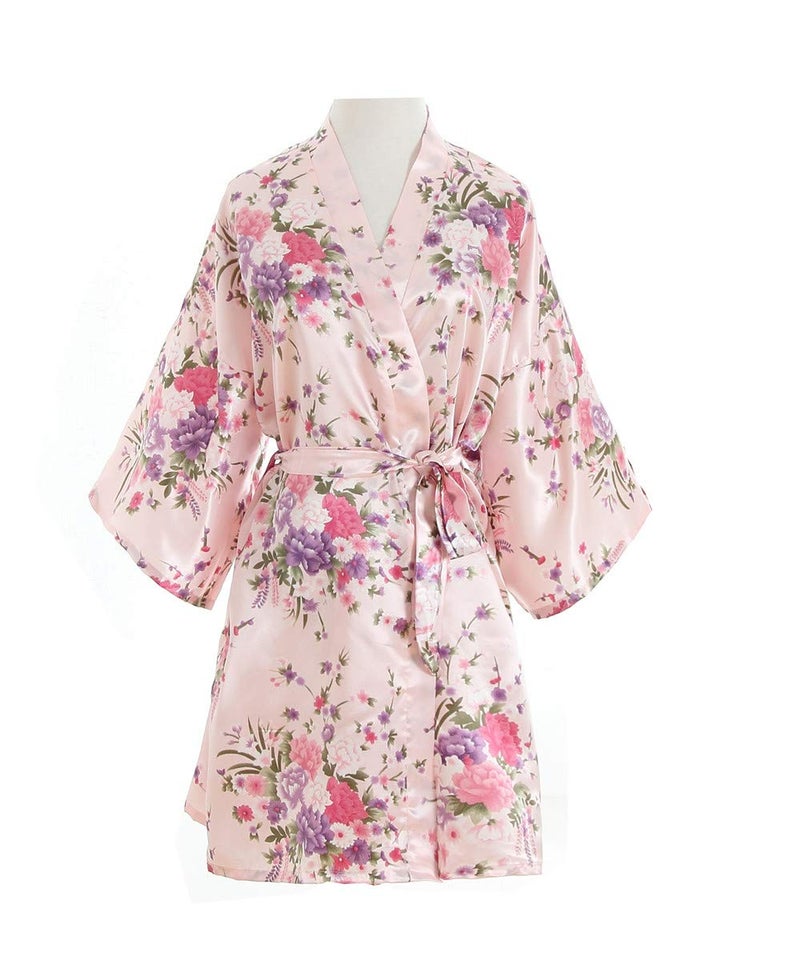 V Vaborous Women's Floral Satin Robes Short Bridesmaid Robes Silk Sleepwear,Floral Pink,S/M - Image 2