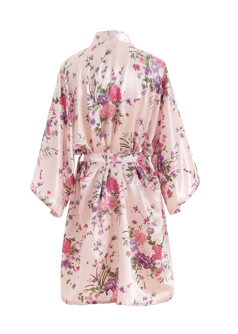 V Vaborous Women's Floral Satin Robes Short Bridesmaid Robes Silk Sleepwear,Floral Pink,S/M - Image 3