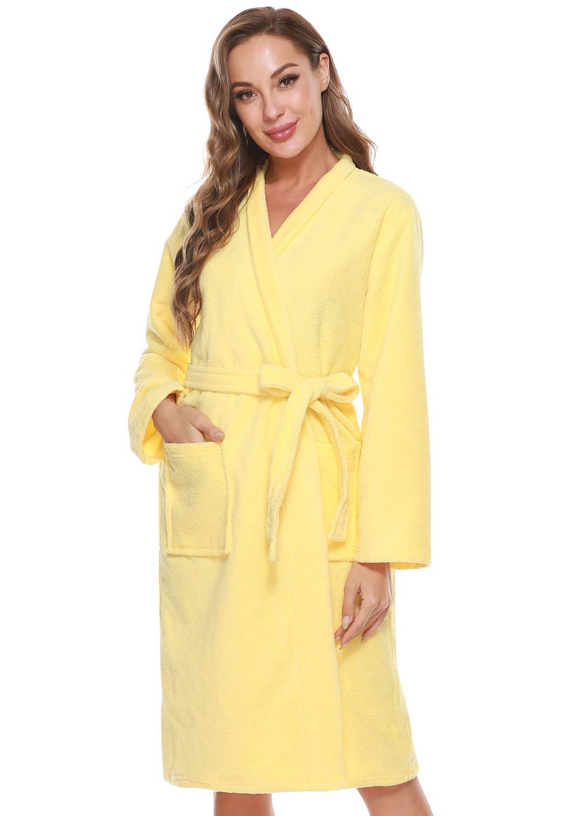 Kniffi Kimono Bathrobe for Women Terry Cloth Robes knee length towel Bathrobe Yellow M - Image 1