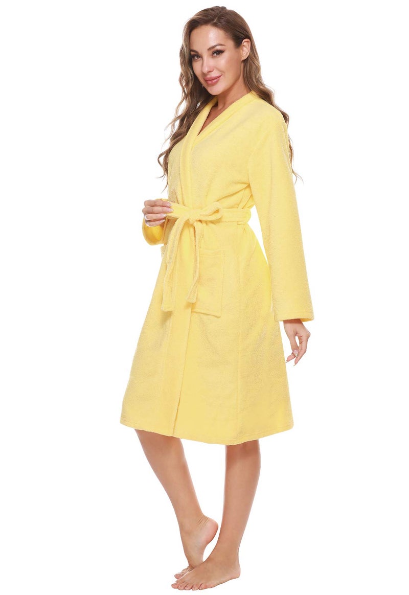Kniffi Kimono Bathrobe for Women Terry Cloth Robes knee length towel Bathrobe Yellow M - Image 3
