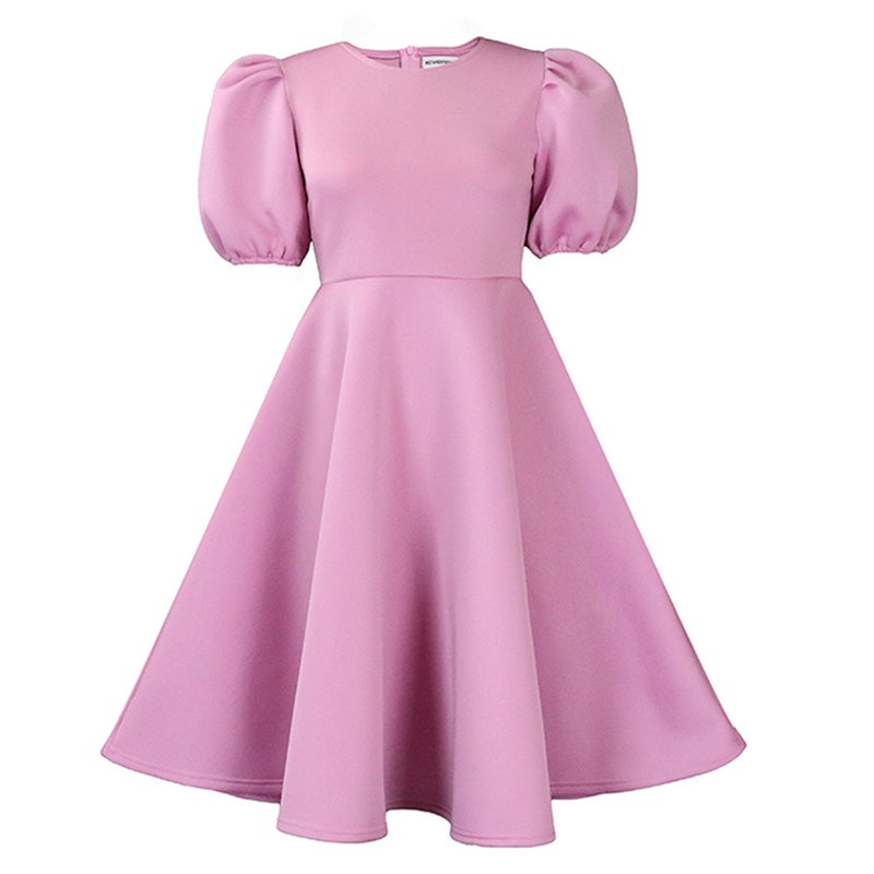 Elegant Round Neck Puff Sleeve A-Line Dress Lotus root starch 