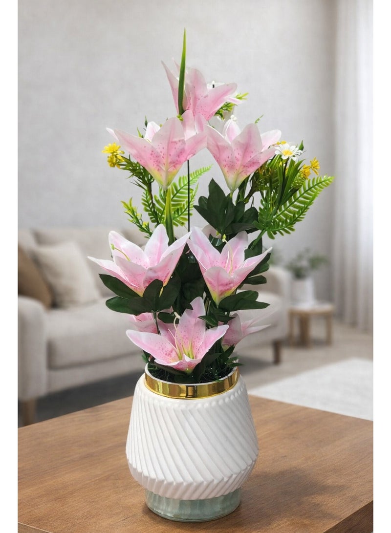 Artificial Pink Lily Floral Arrangement with Ribbed Fiber Vase and Gold Rim - Modern Home Decor Accents