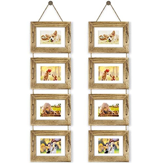 DLQuarts 5x7 Hanging Collage Picture Frames Wall Decor, 4-Opening 5x7 Matted to 3.5x5 Photo Rustic Wood Frame with Hemp Rope, 2 Pack, Carbonized Brown - Image 1