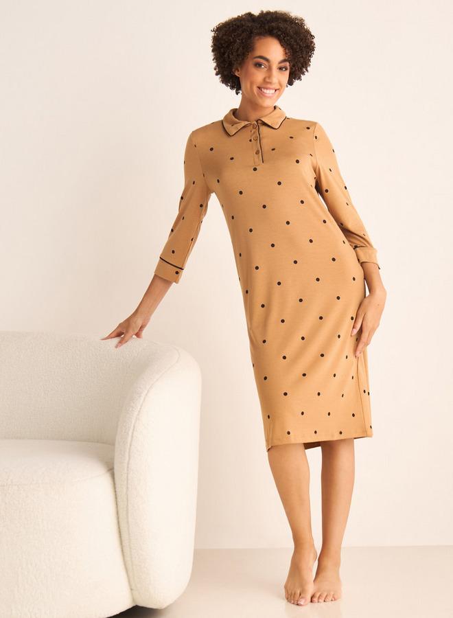 سبلاش فيڤ فستان قميص بطبعة منقط بأكمام ثلاثة أرباع - Image 1