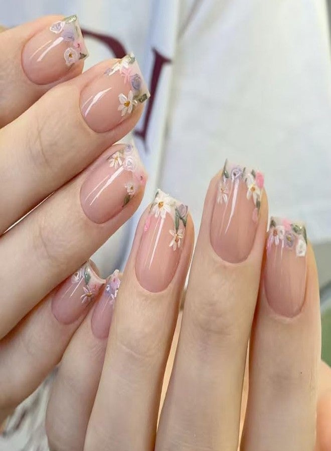 TOGZOM French Tip Press on Nails Short Square Fake Nails Flowers Acrylic Nails Spring False Nails Glossy Floral Artificial Nails Nude Nature Glue on Nails for Women Girls Manicure Nails Decoration - Image 1