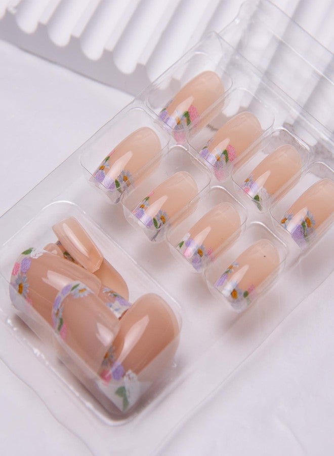 TOGZOM French Tip Press on Nails Short Square Fake Nails Flowers Acrylic Nails Spring False Nails Glossy Floral Artificial Nails Nude Nature Glue on Nails for Women Girls Manicure Nails Decoration - Image 4