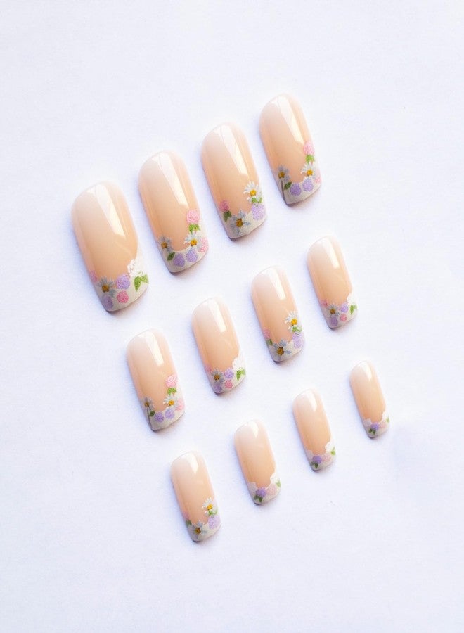 TOGZOM French Tip Press on Nails Short Square Fake Nails Flowers Acrylic Nails Spring False Nails Glossy Floral Artificial Nails Nude Nature Glue on Nails for Women Girls Manicure Nails Decoration - Image 2