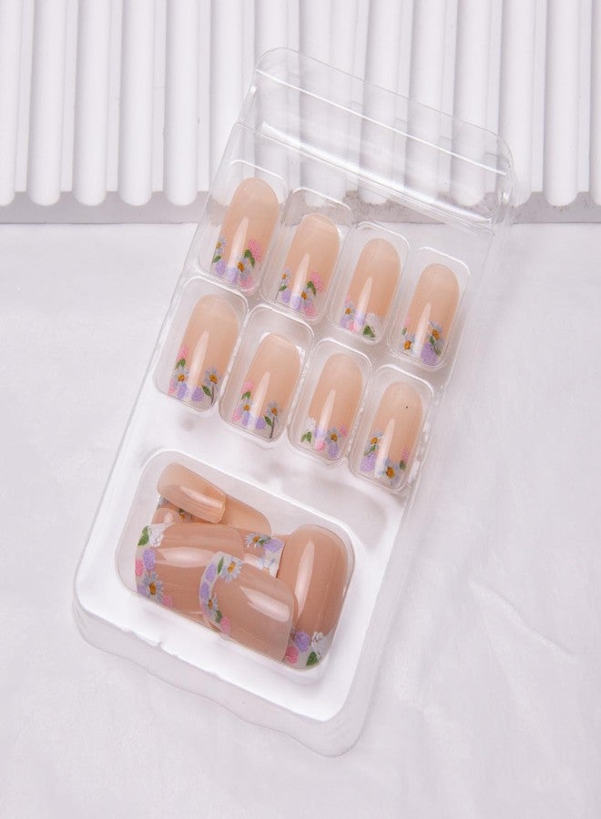 TOGZOM French Tip Press on Nails Short Square Fake Nails Flowers Acrylic Nails Spring False Nails Glossy Floral Artificial Nails Nude Nature Glue on Nails for Women Girls Manicure Nails Decoration - Image 3