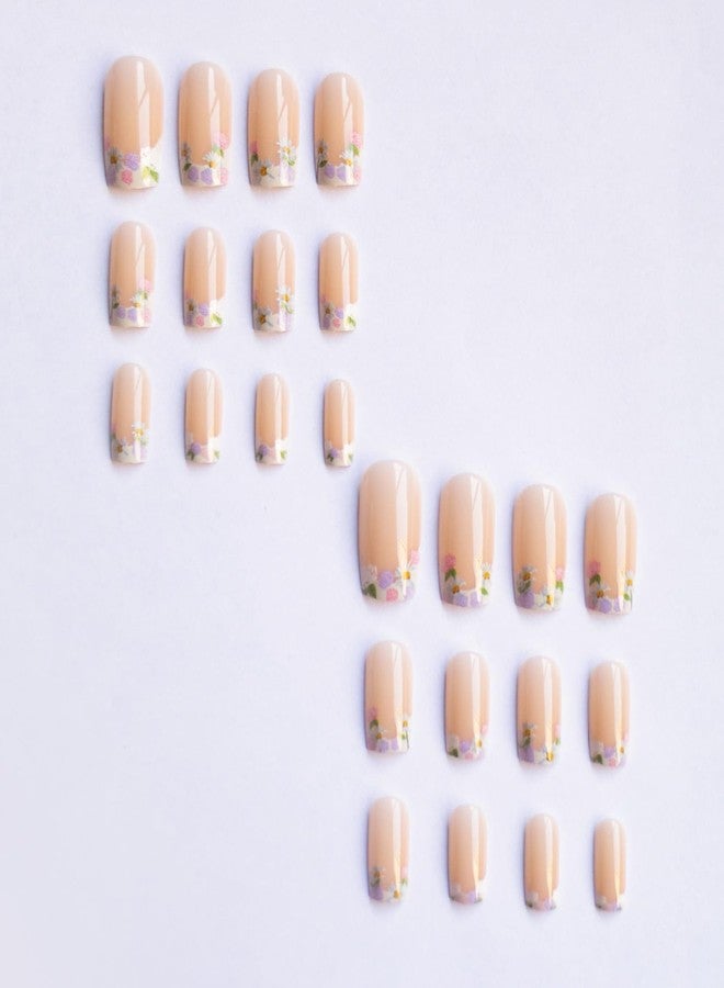 TOGZOM French Tip Press on Nails Short Square Fake Nails Flowers Acrylic Nails Spring False Nails Glossy Floral Artificial Nails Nude Nature Glue on Nails for Women Girls Manicure Nails Decoration - Image 5