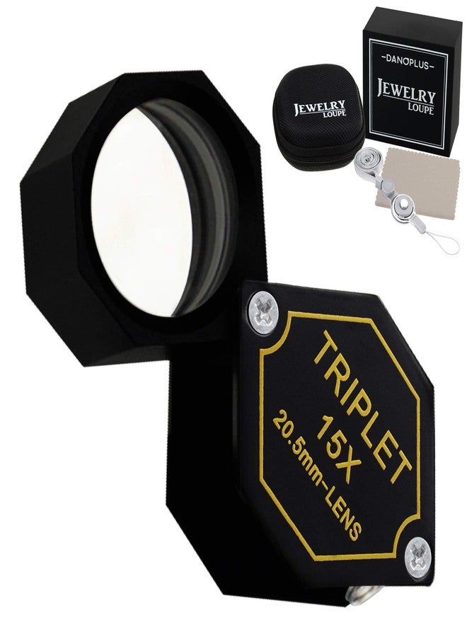 DANOPLUS 15x Jewelry Loupe, 20.5mm Triplet Lens Optical Glass, Black Hexagonal Design, Kit Set with Case, Cloth & Lanyard - Image 1