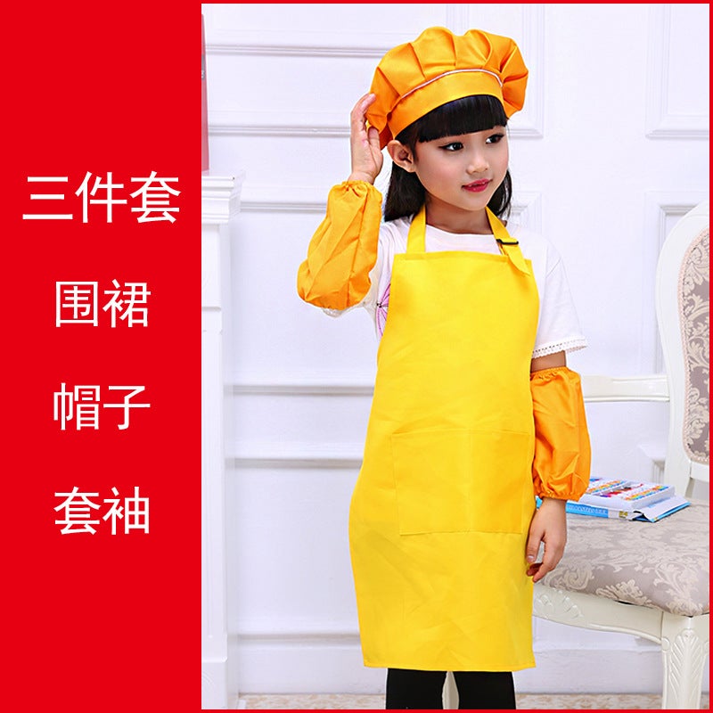 Childrens apron three-piece custom kindergarten art museum childrens painting clothes advertising apron printing custom LOGO Yellow (apron sleeve hat) 