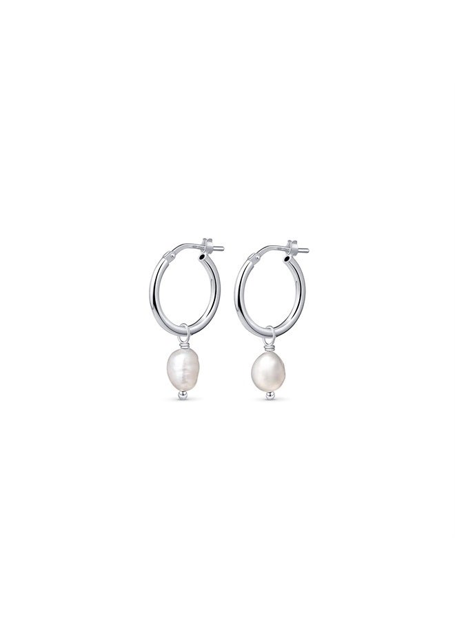 Amberta أقراط لؤلؤة المياه العذبة للنساء من فضة استرلينية 925: أقراط حلقة لؤلؤة 12 مم - فضة - Image 1